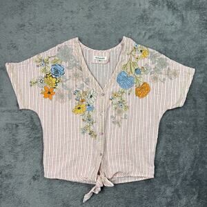 Paparazzi Floral Embroidered Pin Stripe Tie Front Button Up Blouse Shirt M Linen